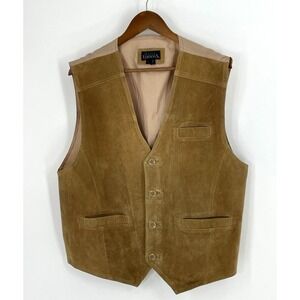 Basic Editions Mens L Tan Vest Leather Suede Western Cowboy Vintage Button Front